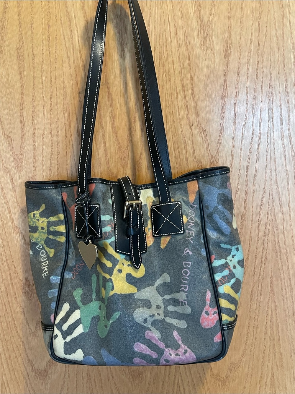 Dooney & Bourke Black Tote with Multicolor Handprint Motif